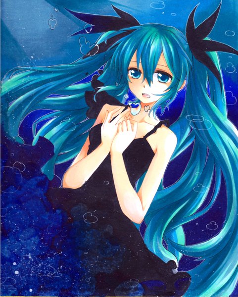 Anime picture 1300x1621 with vocaloid shinkai shoujo (vocaloid) hatsune miku kanna (chaos966) single long hair tall image open mouth blue eyes twintails bare shoulders aqua hair underwater girl dress black dress bubble (bubbles)