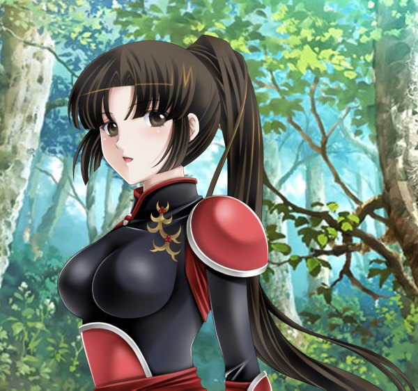 Anime picture 1200x1125 with inuyasha sango tamamon single long hair looking at viewer fringe breasts open mouth black hair smile hair between eyes large breasts payot upper body ponytail black eyes nature girl plant (plants)