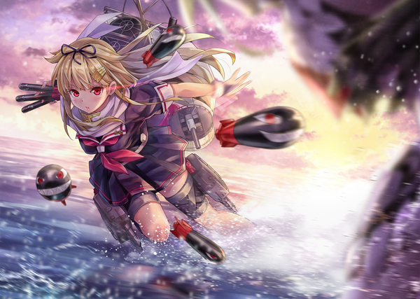 Anime picture 1400x997 with kantai collection yuudachi destroyer kotatsu (kotatsu358) single long hair looking at viewer blush fringe breasts blonde hair payot sky cloud (clouds) bent knee (knees) parted lips pleated skirt wind sunlight blurry arms up