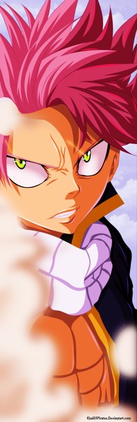 Anime picture 872x2673 with fairy tail natsu dragneel khalilxpirates single tall image short hair green eyes pink hair sky cloud (clouds) grin coloring glowing close-up smoke glowing eye (eyes) muscle angry boy scarf