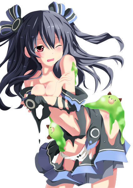 Anime picture 3200x4513 with choujigen game neptune uni (choujigen game neptune) stingcunha single long hair tall image blush highres open mouth light erotic black hair absurdres pleated skirt one eye closed pink eyes wink coloring torn clothes transparent background covering