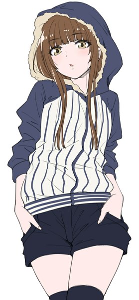 Anime picture 466x1000 with amagami kamizaki risa shouji nigou single long hair tall image looking at viewer open mouth simple background brown hair white background brown eyes hands in pockets casual raglan sleeves girl thighhighs black thighhighs shorts hood
