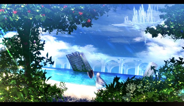 Anime picture 1382x800 with original haru (ryosios) ryosios single long hair wide image looking away silver hair ahoge letterboxed landscape fantasy scenic ruins floating island girl dress flower (flowers) weapon plant (plants)