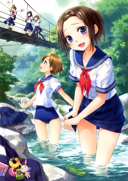 Anime picture 3244x4599 with original eshi 100-nin ten ginta long hair tall image blush highres short hair open mouth blue eyes blonde hair brown hair multiple girls absurdres partially submerged spread arms river girl skirt swimsuit