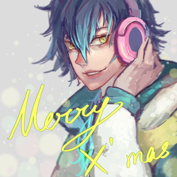 Anime picture 3543x3543 with dramatical murder nitro+chiral aoba (dmmd) sai ichirou single long hair fringe highres simple background smile hair between eyes yellow eyes blue hair looking away absurdres grey background portrait snowing christmas merry christmas