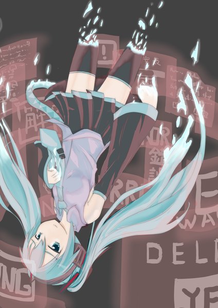 Anime picture 2894x4093 with vocaloid hatsune miku tagme (artist) long hair tall image highres twintails aqua eyes aqua hair inscription upside down girl thighhighs skirt black thighhighs detached sleeves necktie headphones sign