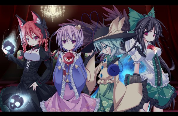 Anime picture 1400x918 with touhou komeiji koishi komeiji satori reiuji utsuho kaenbyou rin futase hijiri (artist) long hair short hair black hair smile red eyes purple eyes multiple girls animal ears purple hair red hair braid (braids) green hair cat ears twin braids