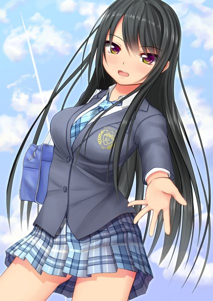 Anime picture 1447x2046 with original kurokami (kurokaminohito) single long hair tall image blush open mouth black hair brown eyes girl skirt uniform school uniform school bag