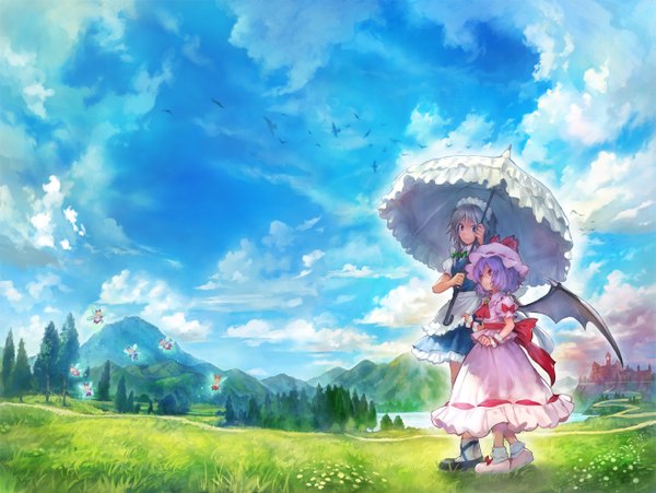 Anime picture 1317x990 with touhou remilia scarlet izayoi sakuya shanghai hourai matsuda (matsukichi) short hair blue eyes red eyes multiple girls sky silver hair purple hair cloud (clouds) braid (braids) sunlight maid twin braids landscape walking