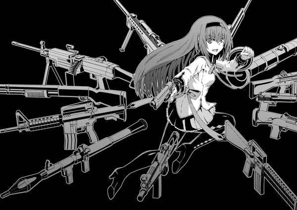 Anime picture 1654x1169 with mahou shoujo madoka magica shaft (studio) akemi homura wally99 single long hair looking at viewer fringe open mouth hair between eyes holding full body bent knee (knees) pleated skirt high heels outstretched arm black background monochrome girl skirt
