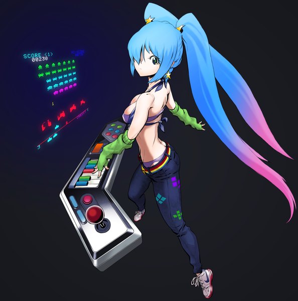 Anime picture 2144x2169 with league of legends sona buvelle arcade sona (league of legends) chanhi (artist) single long hair tall image fringe highres blue eyes light erotic simple background twintails multicolored hair hair over one eye two-tone hair black background dj girl hair ornament