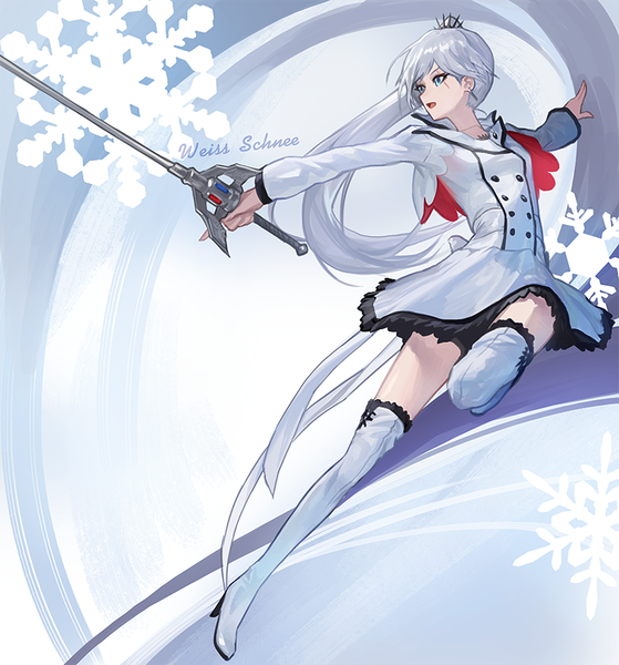 Anime picture 800x858 with rwby rooster teeth weiss schnee modare single long hair tall image fringe open mouth blue eyes looking away silver hair girl weapon boots thigh boots clothes epee