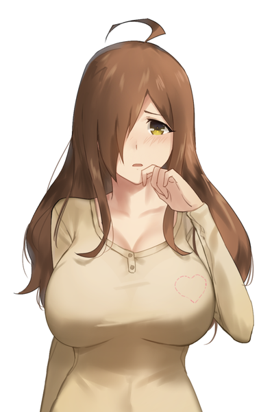 Anime picture 1271x1920 with kono subarashii sekai ni shukufuku wo! studio deen wiz (konosuba) sendrawz single long hair tall image looking at viewer blush fringe breasts open mouth simple background brown hair white background yellow eyes payot cleavage upper body ahoge