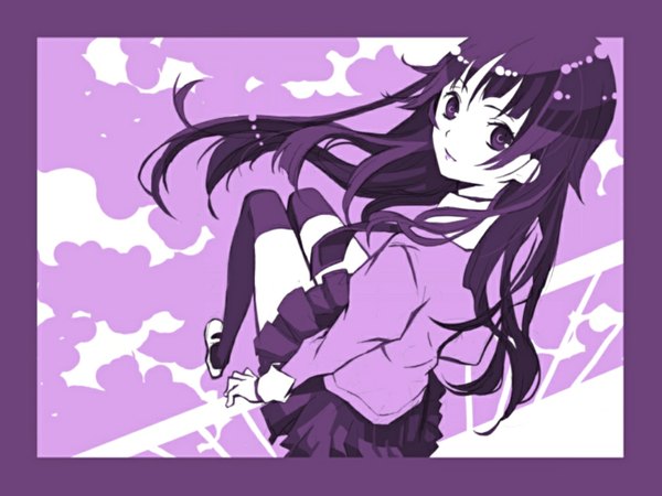 Anime picture 1024x768 with bakemonogatari shaft (studio) monogatari (series) senjougahara hitagi purple background
