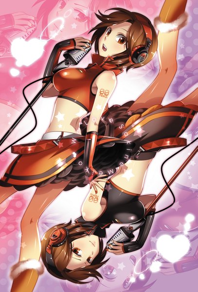 Anime picture 1075x1585 with vocaloid meiko caffein tall image short hair open mouth red eyes brown hair nail polish zoom layer dual persona upside down rotational symmetry girl detached sleeves headphones microphone wire (wires)