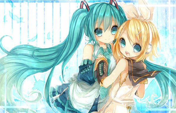 Anime picture 1500x966 with vocaloid hatsune miku kagamine rin long hair short hair open mouth blonde hair smile twintails multiple girls looking back aqua eyes aqua hair loli holding hands girl skirt 2 girls detached sleeves miniskirt