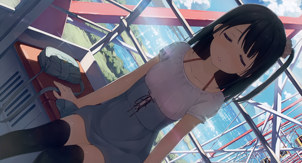 Anime picture 4579x2475 with original shizuku (kantoku) kantoku single long hair blush highres black hair wide image sitting absurdres sky cloud (clouds) eyes closed official art one side up light girl thighhighs dress