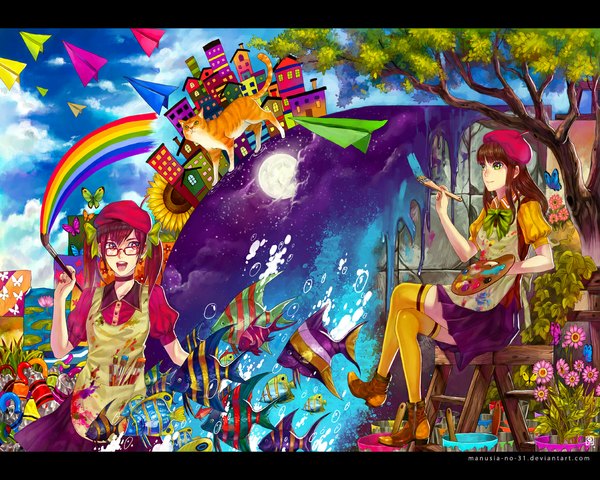 Anime picture 1181x945 with original manusia-no-31 long hair open mouth blue eyes brown hair sitting twintails multiple girls green eyes sky cloud (clouds) city scenic painting surreal detailed girl flower (flowers) bow