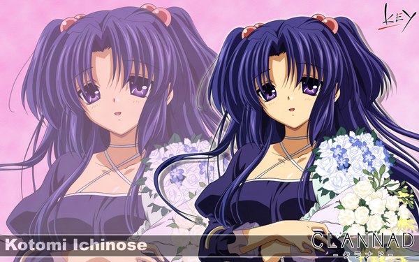 Anime picture 1920x1200 with clannad key (studio) ichinose kotomi single long hair looking at viewer highres open mouth blue eyes wide image blue hair two side up wallpaper character names zoom layer girl dress flower (flowers) bouquet blue dress