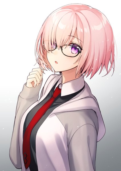 Anime picture 1000x1410 with fate (series) fate/grand order mash kyrielight akariko (akaringo) single tall image fringe short hair purple eyes pink hair upper body from above hair over one eye :o gradient background girl glasses