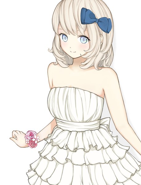 Anime picture 1200x1575 with original shima (pixiv11213824) single long hair tall image looking at viewer blush fringe breasts blue eyes simple background blonde hair white background bare shoulders light smile spread arms girl dress hair ornament flower (flowers)