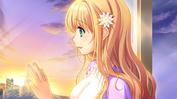 Anime picture 1280x720 with astraythem ginta long hair blonde hair wide image green eyes game cg evening sunset girl hair ornament