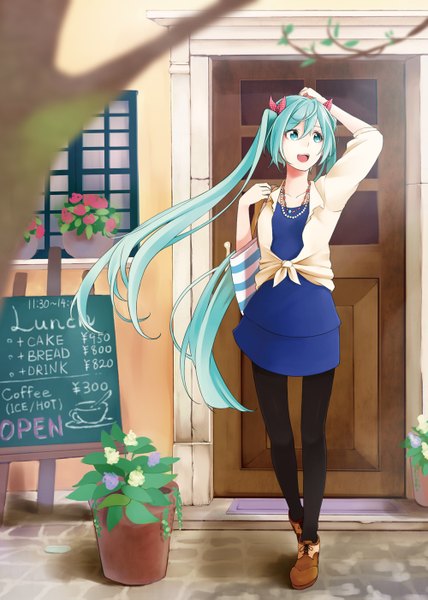 Anime picture 1000x1403 with vocaloid hatsune miku retsuna single tall image fringe twintails very long hair aqua eyes aqua hair alternate costume happy walking price girl dress hair ornament flower (flowers) plant (plants) pantyhose