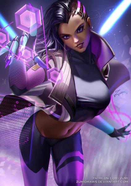 Anime picture 636x900 with overwatch blizzard entertainment sombra (overwatch) zumi (zumidraws) single long hair tall image standing purple eyes signed looking away purple hair bent knee (knees) nail polish realistic mole mole under eye piercing dark skin standing on one leg
