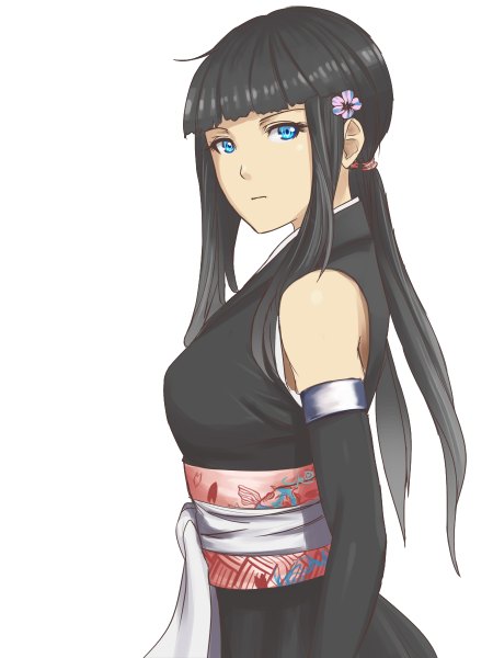 Anime picture 900x1200 with buttjeeeks single long hair tall image looking at viewer fringe breasts blue eyes black hair simple background white background twintails hair flower low twintails girl hair ornament flower (flowers) belt obi