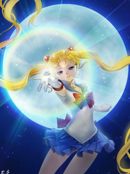 Anime picture 810x1080 with bishoujo senshi sailor moon toei animation tsukino usagi sailor moon erian single tall image looking at viewer blue eyes blonde hair twintails very long hair girl gloves hair ornament white gloves moon sailor suit crystal