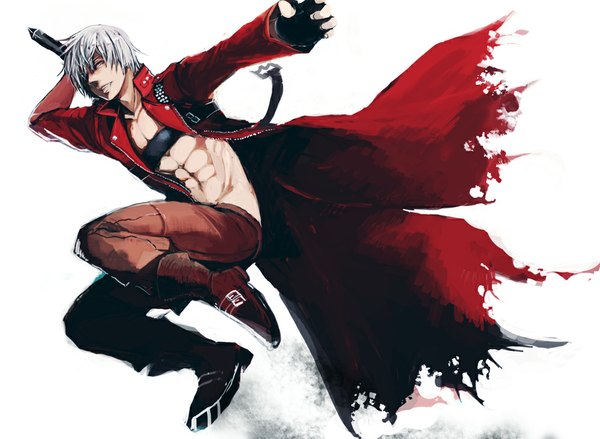 Anime picture 1000x732 with devil may cry dante (devil may cry) single short hair simple background white background silver hair boy gloves weapon sword boots fingerless gloves cloak