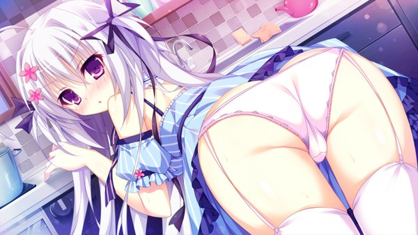 Anime picture 1500x844 with panical confusion hanabishi honoka shiromochi sakura single long hair looking at viewer blush fringe open mouth light erotic wide image purple eyes bare shoulders game cg silver hair ahoge ass looking back girl thighhighs