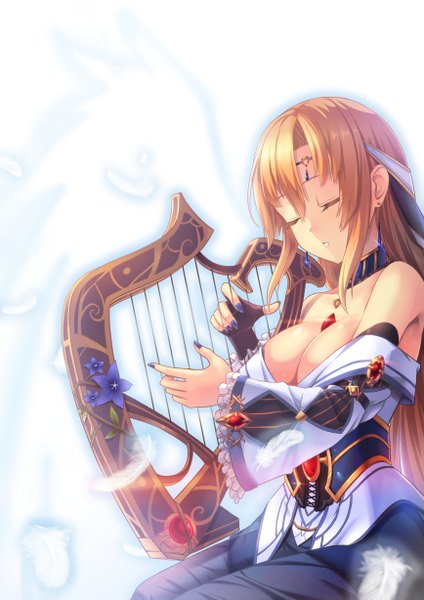 Anime picture 868x1228 with original yuri (hyui cf2) hyui cf2 single long hair tall image light erotic brown hair sitting bare shoulders cleavage eyes closed playing instrument girl dress hair ornament pendant feather (feathers) musical instrument harp