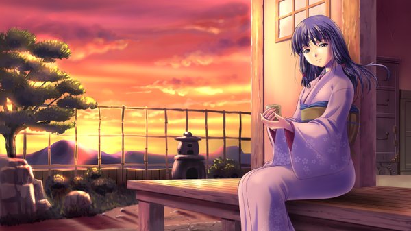 Anime picture 1600x900 with original jiyuuyuu single long hair looking at viewer wide image purple hair cloud (clouds) traditional clothes japanese clothes black eyes evening sunset girl plant (plants) tree (trees) kimono