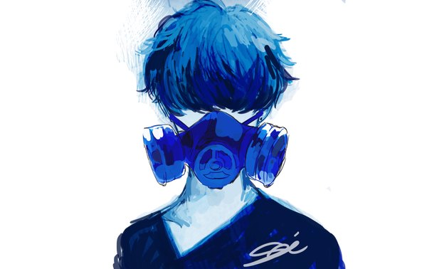 Anime picture 2252x1420 with original parel (artist) single highres short hair simple background white background signed blue hair hair over eyes boy respirator
