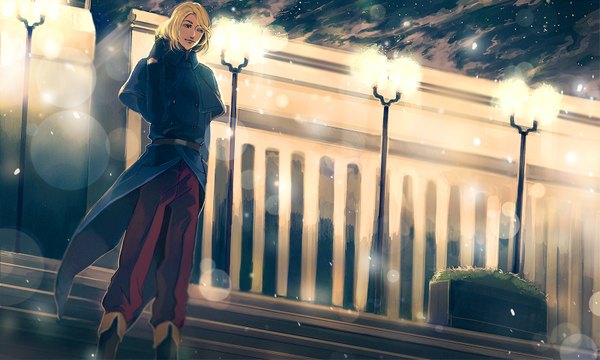 Anime picture 1600x960 with axis powers hetalia studio deen france (hetalia) or one single short hair blonde hair smile wide image standing looking away night night sky light boy plant (plants) star (stars) lantern stairs lamppost