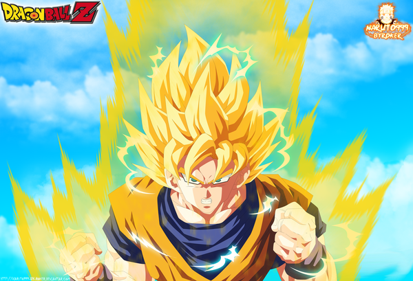 Anime picture 2650x1808 with dragon ball dragon ball z son goku naruto999-by-roker single long hair highres blonde hair green eyes sky cloud (clouds) inscription grin coloring magic angry electricity boy fist
