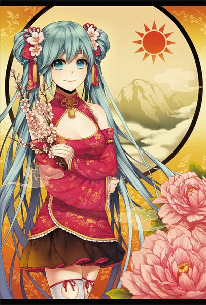 Anime picture 677x1000 with vocaloid hatsune miku formalin single tall image looking at viewer smile twintails very long hair aqua eyes aqua hair chinese clothes cleavage cutout lolita fashion qi lolita girl thighhighs skirt hair ornament flower (flowers)