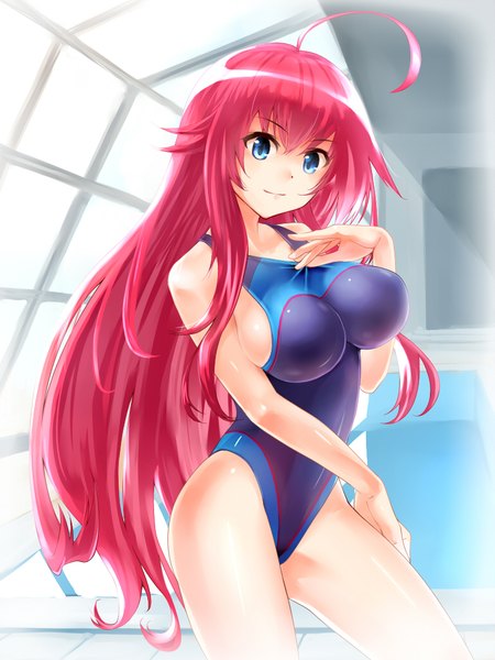 Anime picture 768x1024 with highschool dxd rias gremory spiralray single long hair tall image looking at viewer blush fringe breasts blue eyes light erotic smile large breasts standing bare shoulders ahoge bent knee (knees) ass red hair