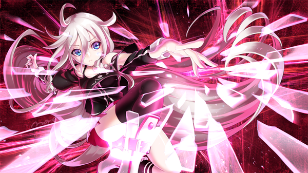 Anime-Bild 1024x576 mit vocaloid ia (vocaloid) more (vitalia) single fringe blue eyes light erotic blonde hair wide image twintails looking away ahoge bent knee (knees) very long hair pleated skirt glowing glow weightlessness girl thighhighs