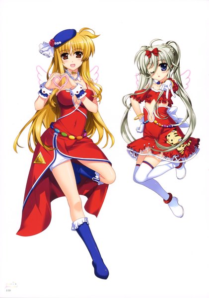 Anime picture 2877x4099 with mahou shoujo lyrical nanoha fate testarossa einhart stratos fujima takuya long hair tall image looking at viewer blush highres open mouth blue eyes blonde hair red eyes multiple girls one eye closed grey hair wink scan loli heart hands