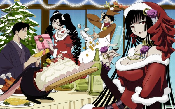 Anime picture 1920x1200 with xxxholic clamp ichihara yuuko watanuki kimihiro santa claus doumeki shizuka kunogi himawari highres wide image christmas merry christmas sweets cake santa claus costume christmas tree animal costume reindeer costume