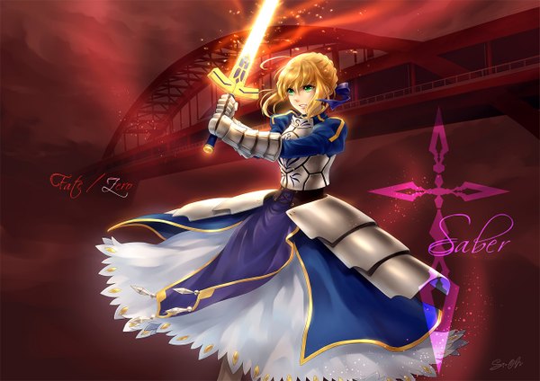 Anime picture 1333x942 with fate (series) fate/zero type-moon artoria pendragon (all) saber haku (laterna magica) short hair blonde hair green eyes girl dress weapon sword armor bridge