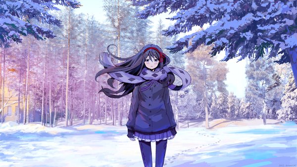 Anime picture 1500x844 with mahou shoujo madoka magica shaft (studio) akemi homura arsenixc single long hair looking at viewer blush black hair wide image purple eyes signed wind winter snow rhombus footprints girl skirt plant (plants)