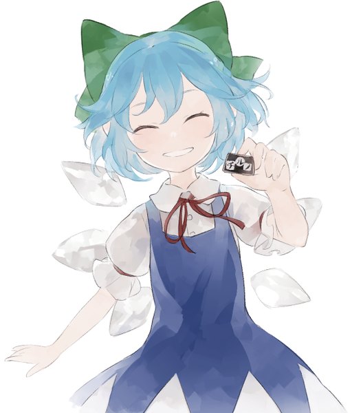 Anime picture 1074x1264 with touhou cirno shihou (g-o-s) single tall image short hair simple background smile hair between eyes white background blue hair eyes closed ^ ^ girl dress bow hair bow wings food sweets