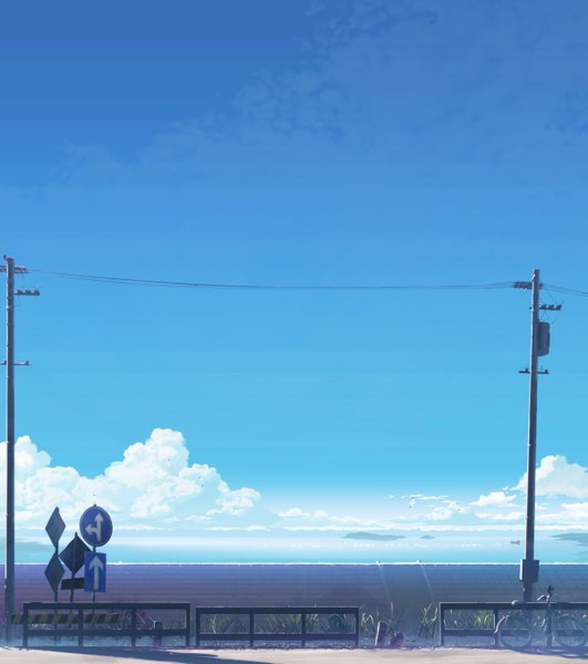 Anime picture 4800x5420 with original hatsuame syoka tall image highres absurdres sky cloud (clouds) horizon landscape plant (plants) animal bird (birds) grass wire (wires) power lines traffic sign