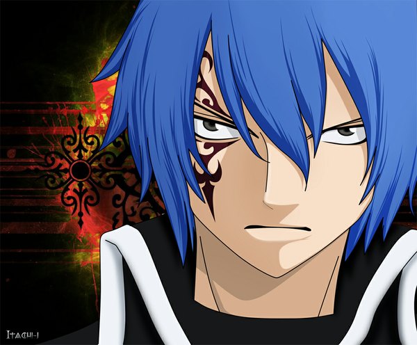 Anime picture 1024x847 with fairy tail jellal fernandes single short hair simple background blue hair grey eyes tattoo facial mark portrait face face paint boy