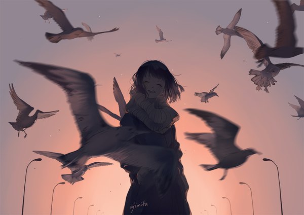 Anime picture 1000x707 with original ajimita single short hair open mouth black hair signed outdoors eyes closed wind evening ^ ^ girl animal scarf bird (birds) lamppost seagull