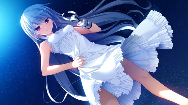 Anime picture 1280x720 with grisaia no kajitsu kazuki kazami fumio (ura fmo) long hair red eyes wide image game cg silver hair night mechanical parts girl sundress