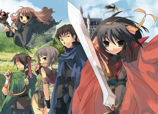 Anime picture 1028x746 with suzumiya haruhi no yuutsu kyoto animation suzumiya haruhi nagato yuki asahina mikuru kyon koizumi itsuki itou noiji official art cosplay girl sword